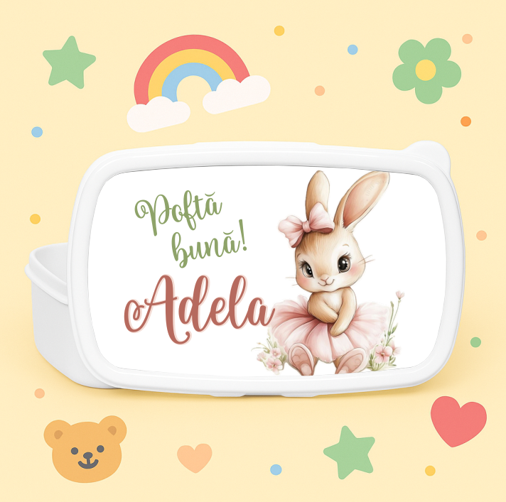 Caserolă personalizată copii – lunch box cu nume și tematică ballerina bunny