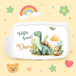 Caserolă personalizată copii – lunch box cu nume și tematică dino