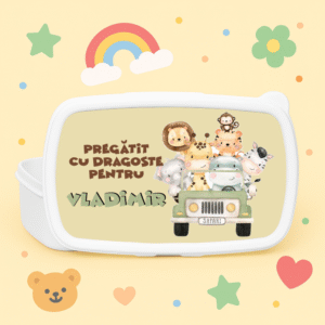 Caserolă personalizată copii – lunch box cu nume și tematică safari