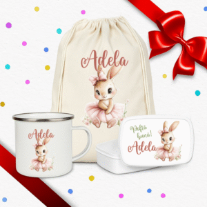 Set cadou copil personalizat cu rucsac textil, cană emailată și caserolă ballerina bunny