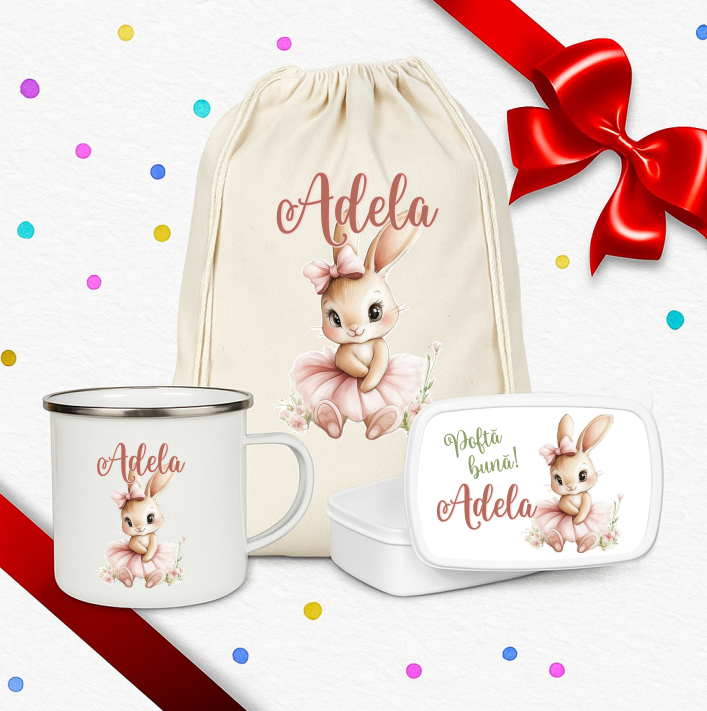 Set cadou copil personalizat cu rucsac textil, cană emailată și caserolă ballerina bunny