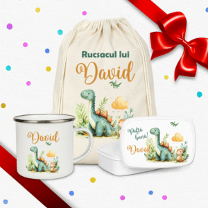 Set cadou copil personalizat cu rucsac textil, cană emailată și caserolă dino