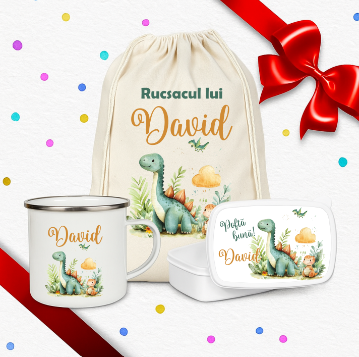 Set cadou copil personalizat cu rucsac textil, cană emailată și caserolă dino
