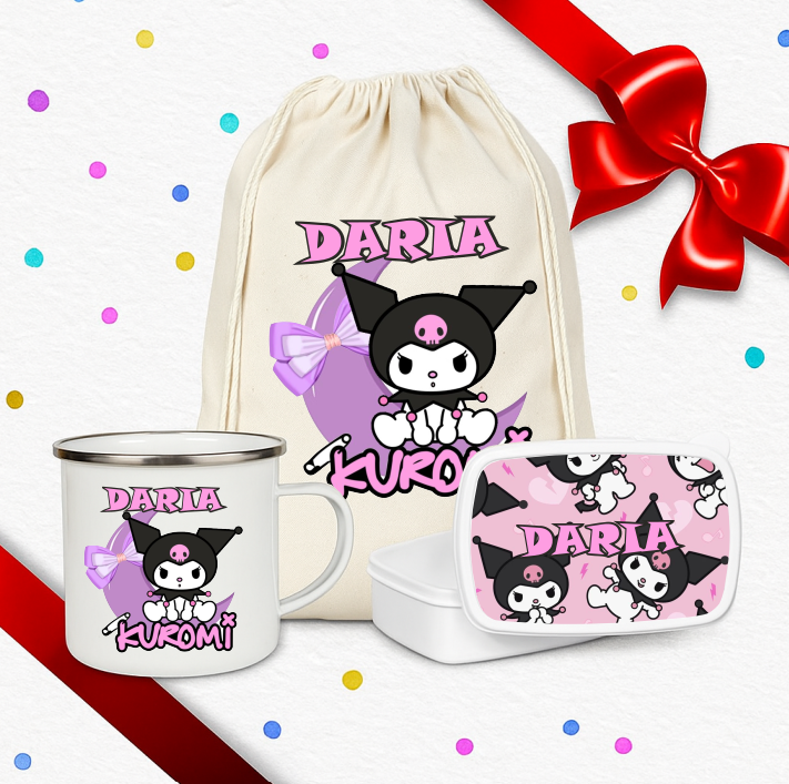 Set cadou copil personalizat cu rucsac textil, cană emailată și caserolă kuromi