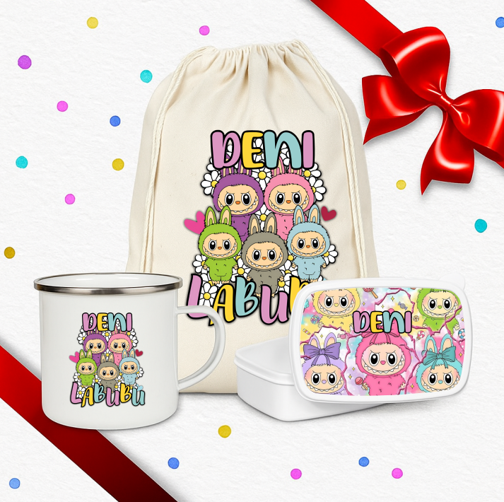 Set cadou copil personalizat cu rucsac textil, cană emailată și caserolă la bubu