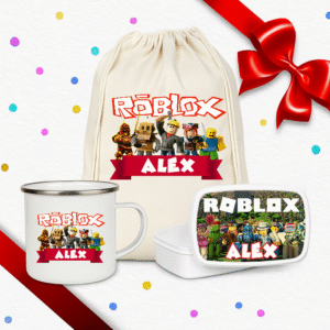 Set cadou copil personalizat cu rucsac textil, cană emailată și caserolă roblox