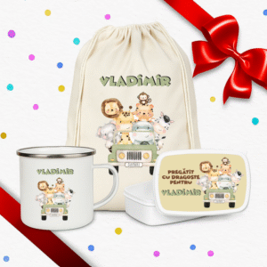 Set Personalizat Copii, Rucsac+Cana metalica+Caserola, Safari