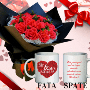 Set Cadou Romantic Cuplu, Buchet trandafiri rosii + Cana personalizata, Valentine's Day & Dragobete