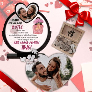 Set Cadou Personalizat Cuplu, Trofeu poza + Cutiuta 10 Motive + Puzzle poza, Valentine's Day & Dragobete