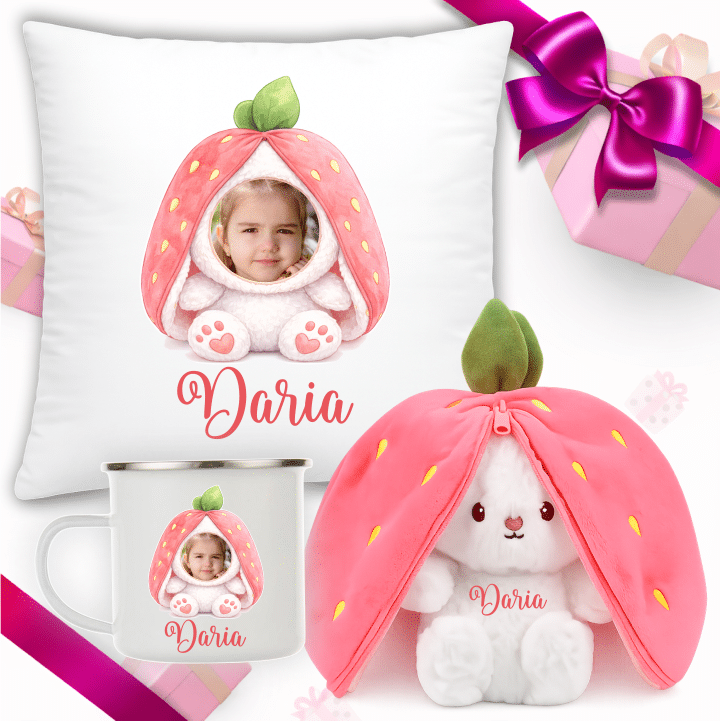 set cadou iepuras in capsuna personalizat perna si cana metalica