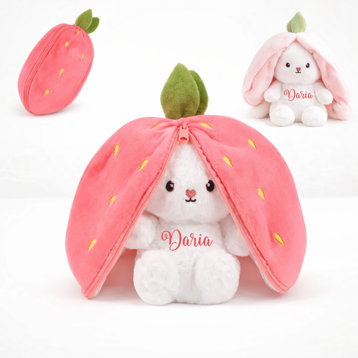 Set Cadou Iepuras Personalizat in Capsuna, Jucarie Plus + Perna + Cana metalica - imagine 2