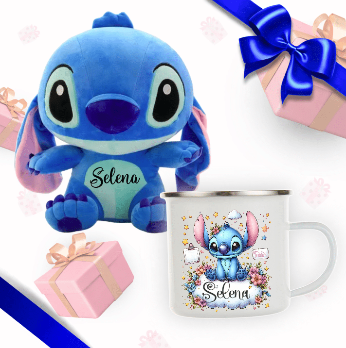 set cadou stich personalizat jucarie plus cana metalica emailata