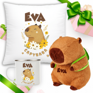 set cadou capibara personalizat jucarie plus perna si cana metalica