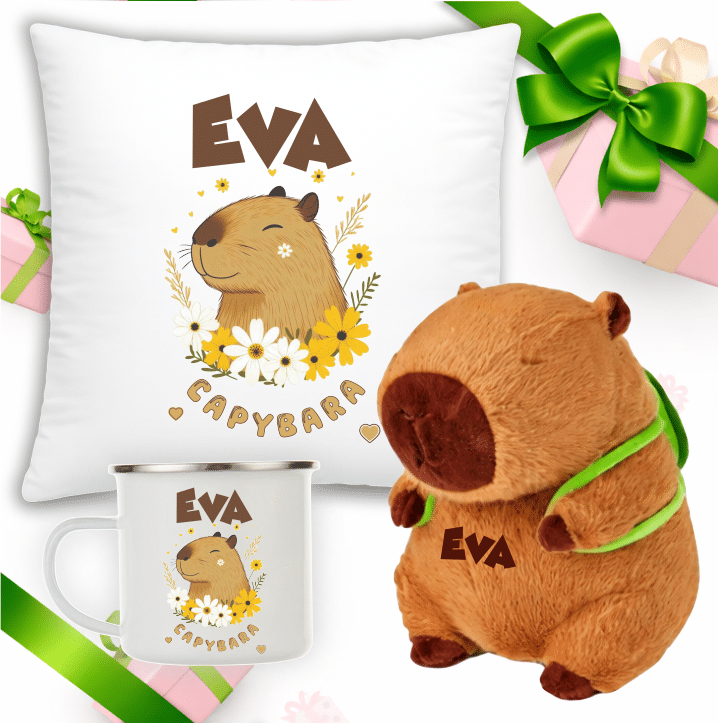 set cadou capibara personalizat jucarie plus perna si cana metalica