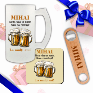 Set Cadou Aniversare Personalizat, Halba Bere + Suport Pahar + Desfacator lemn