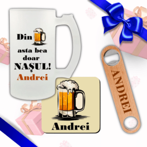 set cadou personalizat nasul halba bere suport si desfacator lemn