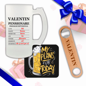 Set Cadou Pensionare Personalizat , Halba Bere + Suport Pahar + Desfacator lemn