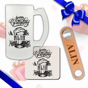 Set Cadou Aniversare Personalizat, Halba Bere + Suport Pahar + Desfacator lemn, Happy Birthday