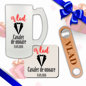 set cadou personalizat cavaler de onoare halba bere suport desfacator lemn