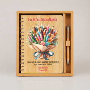 set cadou personalizat educatoare agenda pix bambus