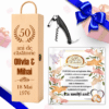 set cadou aniversare casatorie nunta de aur cutie vin tirbuson trofeu sticla