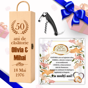 set cadou aniversare casatorie nunta de aur cutie vin tirbuson trofeu sticla