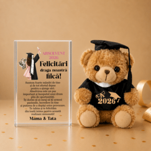 set cadou absolvire fiica trofeu sticla personalizat ursulet absolvent