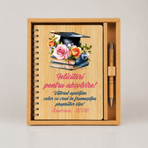 set cadou personalizat absolventi agenda pix bambus