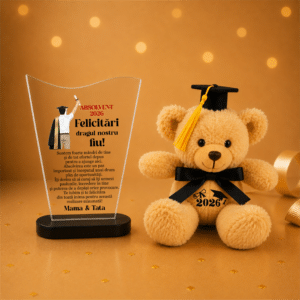 set cadou absolvire fiu trofeu personalizat ursulet