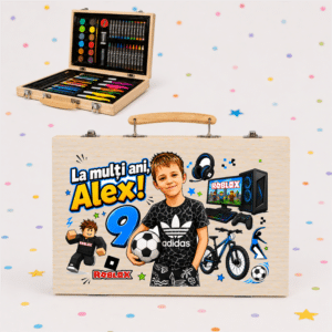 Set creativ colorat personalizat din lemn, 66 piese, imprimat cu numele și ilustrația copilului