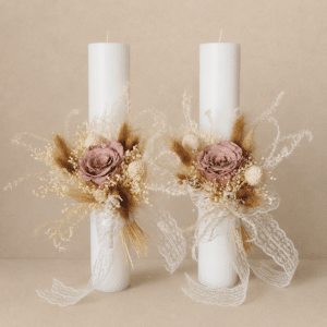 Set 2 Lumanari Nunta H35 Trandafiri Criogenati si Plante Naturale Uscate, Boho Chic