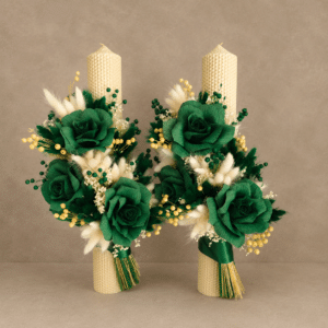 Set 2 Lumanari Nunta Tip Fagure H40, Trandafiri Hartie si Plante Naturale Uscate, Verde Smarald
