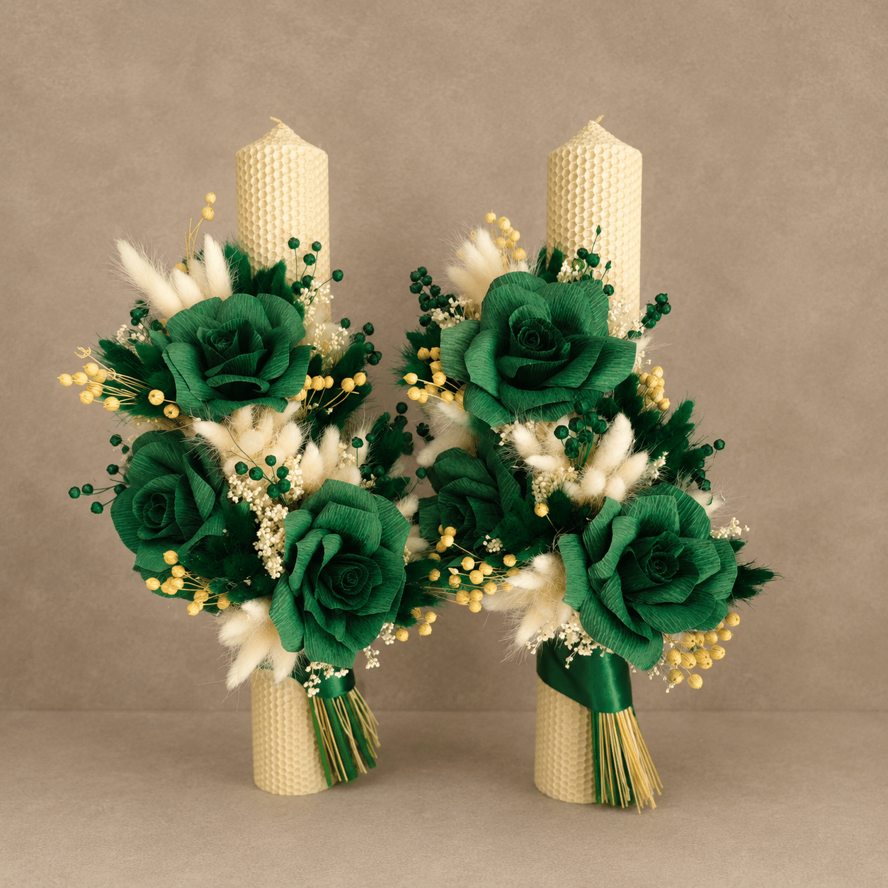 Set 2 Lumanari Nunta Tip Fagure H40, Trandafiri Hartie si Plante Naturale Uscate, Verde Smarald
