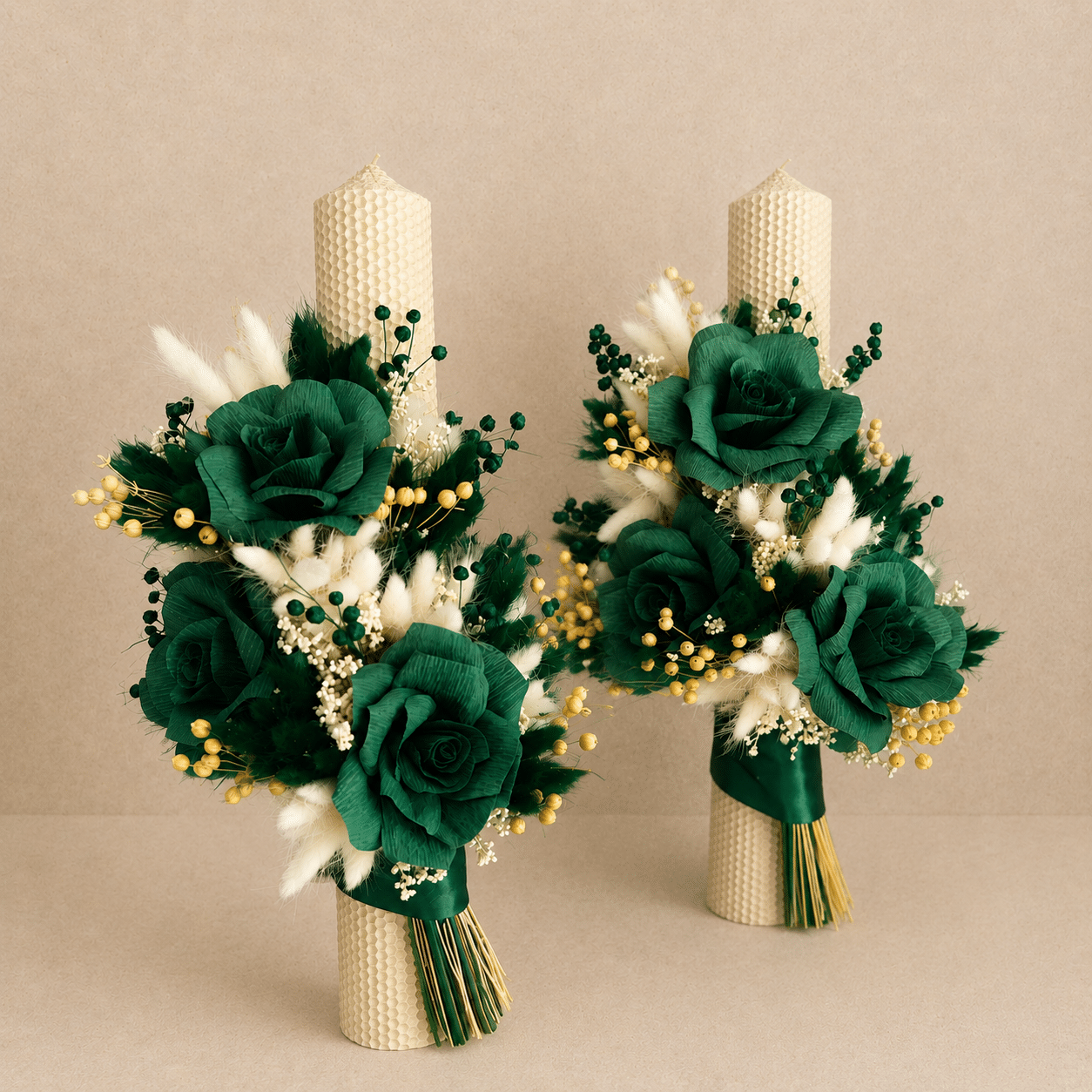 Set 2 Lumanari Nunta Tip Fagure H40, Trandafiri Hartie si Plante Naturale Uscate, Verde Smarald - imagine 2