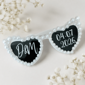 Ochelari Personalizati Nunta, Alb cu Perle, Initiale si Data Evenimentului