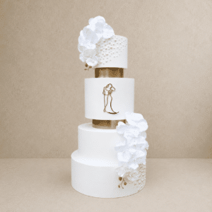 Macheta Tort Nunta 4 Etaje, Finisata si Decorata, Decor Premium cu Orhidee, Perle și Accente Aurii
