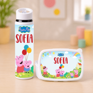 Set Personalizat Peppa Pig, Caserolă și Bidon Apă cu Pai