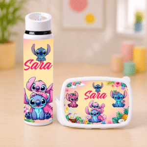 Set Personalizat Stitch & Angel, Caserolă și Bidon Apă cu Pai