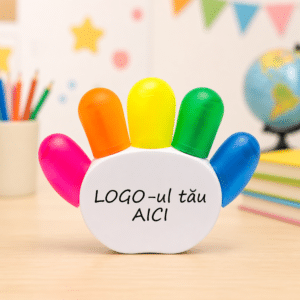 Set 5 Mini Markere Personalizate cu Logo – Suport în Formă de Palmă
