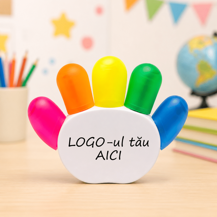 Set 5 Mini Markere Personalizate cu Logo – Suport în Formă de Palmă