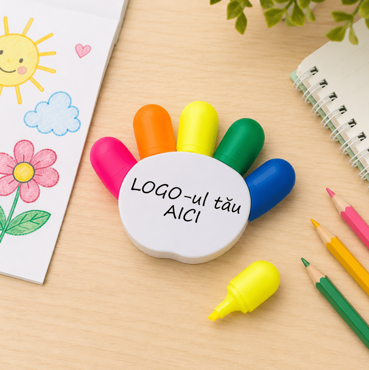 Set 5 Mini Markere Personalizate cu Logo, Suport în Formă de Palmă - imagine 3