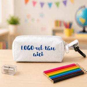 Mini Penar Personalizat cu Logo, 8 Creioane Colorate + Radiera, Cadou Corporate Scoli si Institutii