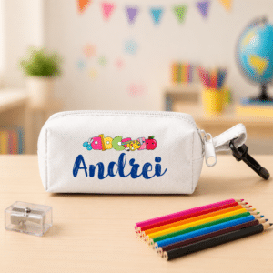 mini penar personalizat nume 8 creioane + radiera, cadou bun venit scoala
