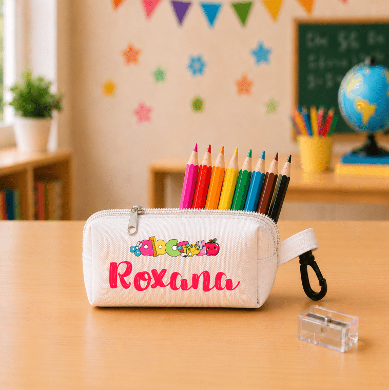 Mini Penar Personalizat cu Nume, 8 Creioane Colorate + Radiera, Cadou Bun Venit pentru Elevi - imagine 2