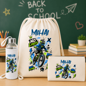 Set Personalizat Copii Bikeri, Rucsac + Sticlă Apă + Penar Textil Canvas
