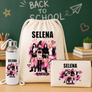 Set Personalizat Copii Black Pink, Rucsac + Sticlă Apă + Penar Textil Canvas
