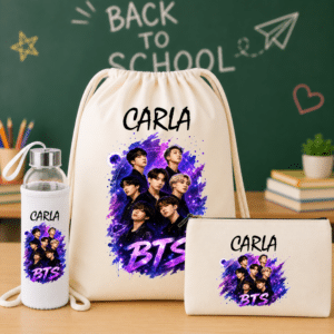 Set Personalizat Copii BTS, Rucsac + Sticlă Apă + Penar Textil Canvas