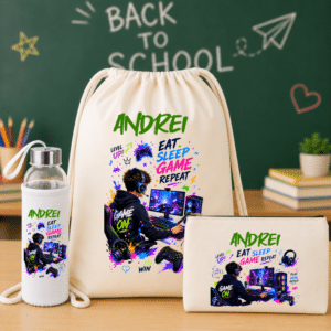 Set Personalizat Copii Gameri, Rucsac + Sticlă Apă + Penar Textil Canvas