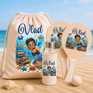 Set de Plajă Personalizat Copii Coral Reef – Rucsac, Sticlă Reutilizabilă și Rachete de Plajă