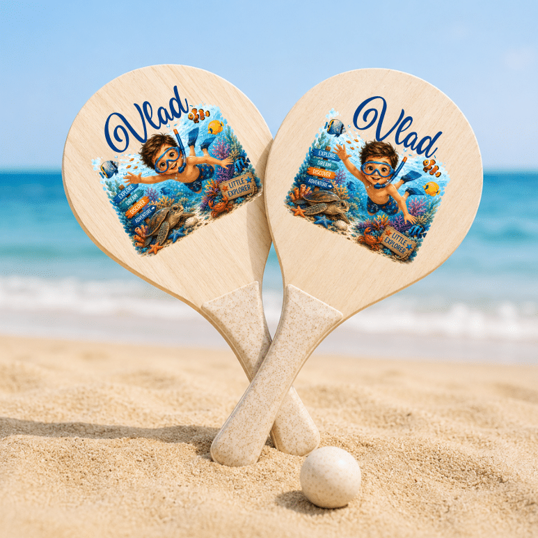 Set de Plajă Personalizat Copii Coral Reef – Rucsac, Sticlă Reutilizabilă și Rachete de Plajă - imagine 2